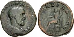 Roman Imperial Pupienus. AD 238. Æ Sestertius (28mm, 17.26 g, 1h). Rome mint. 1st emission. Laureate, draped, and cuirassed bust right / Concordia seated left, holding patera and double cornucopia. RI