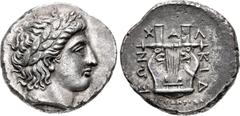 Greek MACEDON, Chalkidian League. Circa 349 BC. AR Tetradrachm (25mm, 14.21 g, 12h). Olynthos mint; Eudorida(s), magistrate. Head of Apollo right, wearing laurel wreath / Kithara; X-A-Λ-KIΔ-EΩN around