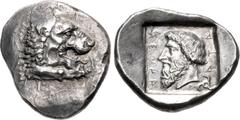 Greek DYNASTS of LYCIA. Mithrapata. Circa 390-370 BC. AR Stater (25mm, 9.80 g, 3h). Forepart of lion right / Head of Mithrapata left; MITHRA-P-ATA in Lycian around, triskeles to lower right; all withi