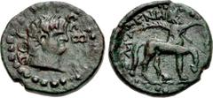 Roman Provincial THESSALY, Magnetes. Nero. AD 54-68. Æ Assarion (18.5mm, 4.61 g, 1h). CЄB[AC] down right, TOC up left, laureate head of Nero right / ΜΑΓΝΗ [ΤωΝ] around from left, the centaur Chiron ad