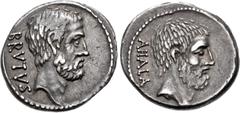 Roman Republican Q. Servilius Caepio (M. Junius) Brutus. 54 BC. AR Denarius (17.5mm, 4.00 g, 6h). Rome mint. Bare head of L. Junius Brutus right / Bare head of C. Servilius Ahala right. Crawford 433/2