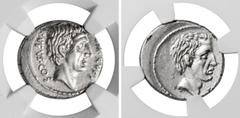 Roman Republican Q. Pompeius Rufus. 54 BC. AR Denarius (17.5mm, 4.04 g, 5h). Rome mint. Bare head of the consul Q. Pompeius Rufus right / Bare head of Sulla right. Crawford 434/1; Sydenham 908; Pompei