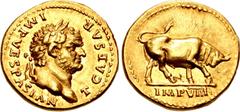 Roman Imperial Titus. As Caesar, AD 69-79. AV Aureus (20mm, 7.34 g, 6h). Rome mint. Struck under Vespasian, AD 75. T CAESAR IMP VESPASIAN, laureate head right / IMP VIII in exergue, bull butting right
