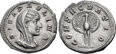 Roman Imperial Diva Paulina. Died before AD 235. AR Denarius (20mm, 2.71 g, 12h). Consecration issue. Rome mint. 2nd emission of Maximinus I, AD 236. Veiled and draped bust right / Peacock standing fa