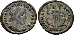 Roman Imperial Martinian. Usurper, AD 324. Æ Follis (21mm, 3.08 g, 6h). Nicomedia mint, 4th officina. D N M MARTINIANO P F AVG, radiate, draped, and cuirassed bust right / IOVI CONS ERVATORI, Jupiter 