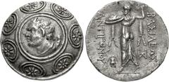 Greek KINGS of MACEDON. temp. Antigonos II Gonatas – Demetrios II Aitolikos. 246/5-229 BC. AR Tetradrachm (29.5mm, 17.06 g, 1h). Amphipolis mint. Horned head of Pan left, lagobolon over shoulder, in t