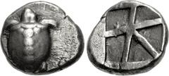 Greek ISLANDS off ATTICA, Aegina. Circa 480-457 BC. AR Stater (21.5mm, 12.29 g, 12h). Sea turtle, head in profile, with 'T-back' design on shell / Large square incuse with skew pattern. Meadows, Aegin