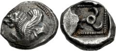 Greek DYNASTS of LYCIA. Kuprilli(?). Circa 480-440 BC. AR Sixth Stater (11mm, 1.22 g). Uncertain mint. Forepart of winged lion left / Triskeles. Mørkholm & Zahle 182–3 var. (name on rev.); Müseler IV,