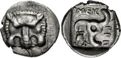 Greek DYNASTS of LYCIA. Mithrapata. Circa 390-370 BC. AR Sixth Stater (12mm, 1.23 g). Uncertain mint. Lion scalp facing / Triskeles; astragalos in one section; all within incuse square. Müseler VII 83