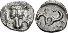 Greek DYNASTS of LYCIA. Puresi. Circa 380-360 BC. AR Third Stater (16mm, 2.88 g). Uncertain mint. Facing lion scalp / Triskeles; PU-RES (in Lycian) and astragalos around. Müseler VIII, 60 var. (longer