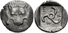 Greek DYNASTS of LYCIA. Mithrapata. Circa 390-370 BC. AR Sixth Stater (13mm, 1.51 g). Uncertain mint. Facing lion scalp / Triskeles; arrow in one section; all within incuse square. Müseler VII 86–8; T