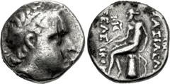 Greek SELEUKID EMPIRE. Seleukos IV Philopator. 187-175 BC. AR Drachm (15.5mm, 4.03 g, 5h). ΞAP-monogram mint, in Northern Media or Hyrkania. Diademed head right / Apollo, testing arrow and placing han