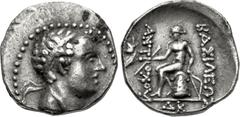 Greek SELEUKID EMPIRE. Antiochos IV Epiphanes. 175-164 BC. AR Drachm (17mm, 4.18 g, 1h). Ekbatana mint. Diademed head right / Apollo, testing arrow and placing hand on grounded bow, seated left on omp