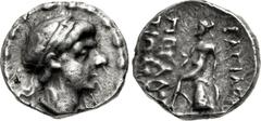 Greek SELEUKID EMPIRE. Timarchos. Usurper, 164-161 BC. AR Drachm (17mm, 4.05 g, 12h). Uncertain mint. Diademed head right within fillet border / BACIΛE[ΩC] MEΓAΛO[Y] TIMAP[XOY], Apollo, testing arrow 