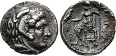Greek KINGS of MACEDON. Philip III Arrhidaios. 323-317 BC. Fourrée Hemidrachm (12mm, 1.18 g, 1h). Imitating Babylon mint issue, circa 320-319/8 BC. Head of Herakles right, wearing lion skin / Zeus Aët