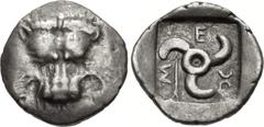 Greek DYNASTS of LYCIA. Mithrapata. Circa 390-370 BC. AR Sixth Stater (13mm, 1.44 g). Uncertain mint. Facing lion scalp / Triskeles; arrow in one section; all within incuse square. Müseler VII 86–8. L