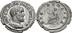 Roman Imperial Pupienus. AD 238. AR Denarius (21.5mm, 2.53 g, 12h). Rome mint. 1st emission. Laureate, draped, and cuirassed bust right / Pax enthroned left, holding olive branch and scepter. RIC IV 4