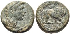 LYDIA, Sardes. Circa 133 BC-AD 14. Æ 18mm (8.39 g, 12h). Head of young Herakles right, wearing lion skin / Lion walking right; uncertain insect above. Johnston 182; SNG Copenhagen -. VF, rough green p