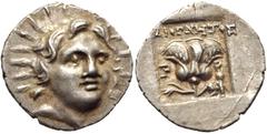 ISLANDS off CARIA, Rhodos. Rhodes . Circa 125-88 BC. AR Hemidrachm (14mm, 1.52 g, 12h). ‘Plinthophoric’ coinage. Diognetos, magistrate. Radiate head of Helios facing slightly right / Rose with bud to 