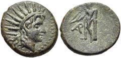 LYCIA, Arykanda. 2nd century BC. Æ 17mm (3.50 g, 6h). Radiate head of Sozon(?) right / Apollo standing left, holding bow, resting elbow on column behind him; monogram to left. SNG Copenhagen 47-9; SNG