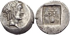 LYCIA, Masikytes. Circa 27-20 BC. AR Hemidrachm (16mm, 1.78 g, 11h). Laureate head of Apollo right / Lyre; M-A across field, tripod to lower right; all within incuse square. Troxell Period IV, Series 