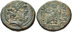 SYRIA, Seleucis and Pieria. Antioch. Civic coinage. Æ Tetrachaldon (21mm, 9.55 g, 1h). Dated Year 17 of the Pompeian Era (50/49 BC). Laureate head of Zeus right / Zeus Nikephoros seated left, holding 
