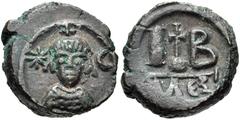 Heraclius. 610-641. Æ 12 Nummi (18mm, 10.06 g, 6h). Alexandria mint. Circa 618-628. Cuirassed bust facing, crown with simple cross; to left, star, to right, crescent / Large IB, cross potent on globe 