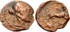 Greek CENTRAL ITALY, Uncertain. Early 1st century BC. Æ (18mm, 3.92 g, 3h). Wreathed head of young Dionysus right / Panther standing right, head facing, holding thrysus in jaws; grain ear below. Stann