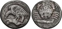 Greek SICILY, Akragas. Circa 420-410 BC. AR Hemidrachm (15mm, 1.80 g, 8h). Eagle standing left on, and tearing at, hare / Crab; below, fish left. Westermark, Coinage, Period III, 536 (O1/R1); HGC 2, 1
