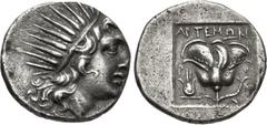 Greek ISLANDS off CARIA, Rhodos. Rhodes. Circa 170-150 BC. AR Drachm (16mm, 3.01 g, 11h). 'Plinthophoric' coinage. Artemon, magistrate. Radiate head of Helios right / Rose with bud to right; Isis crow
