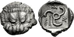 Greek DYNASTS of LYCIA. Mithrapata. Circa 390-370 BC. AR Sixth Stater (13mm, 1.25 g). Uncertain mint. Facing lion scalp / Triskeles; arrow in one section; all within incuse square. Müseler VII 86–8; T