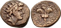 Greek SELEUKID EMPIRE. Antiochos IV Epiphanes(?). 175-164 BC. Æ (12mm, 1.57 g, 12h). Laodikeia in Phoenicia (Berytos). Radiate head right / Rose on stem; ΦO monogram to left, ΛA to right. Unpublished,