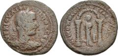 Roman Provincial SELEUCIS and PIERIA, Nicopolis Seleucidis. Philip I. AD 244-249. Æ (30mm, 14.76 g, 6h). Radiate, draped, and cuirassed bust right / Distyle shrine, with twisted columns and vaulted ro