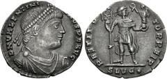 Roman Imperial Valentinian I. AD 364-375. AR Siliqua (17mm, 1.84 g, 12h). Lugdunum (Lyon) mint, 2nd officina. Struck AD 366. D N VALENTINI [AN]VS P F AVG, pearl-diademed, draped, and cuirassed bust ri