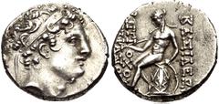 SELEUKID KINGS of SYRIA. Antiochos IV Epiphanes. 175-164 BC. AR Drachm (16mm, 4.11 g, 12h). Antioch mint. Posthumous issue, struck 146/5 BC. Diademed head right / Apollo seated left on omphalos, testi