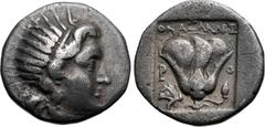 Greek ISLANDS off CARIA, Rhodos. Rhodes. Circa 188-170 BC. AR Drachm (15mm, 2.76 g, 12h). 'Plinthophoric' coinage. Onasandros, magistrate. Radiate head of Helios right / Rose with bud to right; ONAΣAN