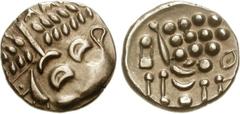 CELTIC, Britain. Durotriges. Uninscribed. Circa 65 BC-AD 45. Pale AV Stater (5.65 g, 5h). Durotrigan E, Abstract (Cranborne Chase) type. Devolved head of Apollo right / Disjointed horse left; pellets 