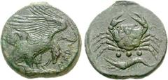 SICILY, Akragas. Circa 420-406 BC. Æ Tetras (10.21 g, 12h). Eagle standing right, head lowered, on hare held in its talons; crab to left, AKPA to right / Crab; below, three pellets (mark of value) and