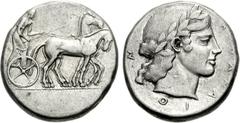 SICILY, Katane. Circa 450-445 BC. AR Tetradrachm (17.34 g, 11h). Charioteer, holding kentron in right hand and reins in both, driving slow quadriga right / Wreathed head of Apollo right; KATANA-IO-N a