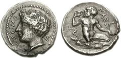 SICILY, Naxos. Circa 420-403 BC. AR Hemidrachm (2.13 g, 3h). Youthful head of the river god Assinos left, wearing wreath of selinon leaves; Ass5˜o-s around / Silenos, nude and ithyphallic, squatting f