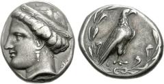 ELIS, Olympia. 110th Olympiad. 340 BC. AR Stater (11.97 g, 5h). Hera mint. Head of Hera left, wearing ornamented stephanos and single pendant earring; [F]-A flanking neck / Eagle standing right within