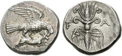 ELIS, Olympia. 134th-143rd Olympiad. Circa 244-208 BC. AR Drachm (4.64 g, 4h). Eagle flying right, tearing at hare held in its talons / Vertical thunderbolt with volutes above, wings below; F-A flanki