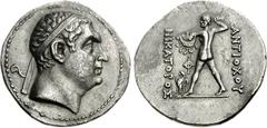 BAKTRIA, Greco-Baktrian Kingdom. Agathokles. Circa 185-180 BC. AR Tetradrachm (16.24 g, 12h). Commemorative issue struck for Diodotos I in the name of Antiochos II. Diademed head of Diodotos I right /