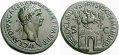 Claudius. AD 41-54. Æ Sestertius (29.13 g, 6h). Rome mint. TI CLAVDIVS • CAESAR • AVG P M TR P • IMP • P • P •, laureate head right / NERO CLAVDIVS DRVSVS GERMAN IMP, S C across field, Arch of Nero Cl