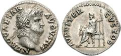 Nero. AD 54-68. AR Denarius (3.39 g, 6h). Rome mint. Struck circa AD 64-65. NERO CAESAR AVGVSTVS, laureate head right / IVPPITER CVSTOS, Jupiter, naked to the waist, cloak around lower body, seated le