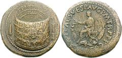 Titus. AD 79-81. Æ Sestertius (24.35 g, 6h). Rome mint. Struck AD 80. View of the Flavian Amphitheater (The Colosseum) from the southeast, seen from aerial perspective and containing imperial box; por
