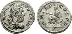Macrinus. AD 217-218. AR Denarius (3.46 g, 6h). Rome mint. 3rd emission, March AD 218. IMP C M OPEL SEV MACRINVS AVG, laureate and draped bust right, wearing long beard, seen from behind / P M TR P II
