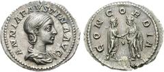 Annia Faustina. Augusta, AD 221. AR Denarius (3.23 g, 6h). Rome mint. Struck under Elagabalus. ANNIA FAVSTINA AVG, bare-headed and draped bust right / CONCORDIA, Elagabalus, laureate and togate, and A
