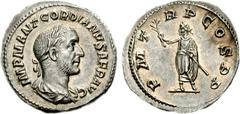 Gordian I. AD 238. AR Denarius (3.19 g, 12h). Rome mint. Struck 1-22 April AD 238. IMP M ANT GORDIANVS AFR AVG, laureate, draped, and cuirassed bust right / P M T-R P COS P P, Gordian, laureate and to