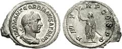 Gordian I. AD 238. AR Denarius (2.66 g, 11h). Rome mint. Struck 1-22 April AD 238. IMP M ANT GORDIANVS AFR AVG, laureate, draped, and cuirassed bust right / P M T-R P COS P P, Gordian, laureate and to